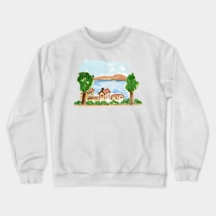 Little Town Watercolor Painting Crewneck Sweatshirt